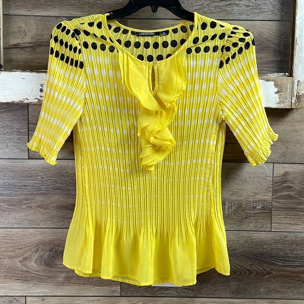 Notations Ladies Yellow Polka Dot Pleated Blouse, Size Medium